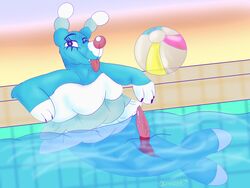 1boy 2019 4:3 big_eyes blue_fur brionne digital_media_(artwork) erection eyelashes feral genital_slit girly hi_res looking_at_viewer male male_only mammal marine nintendo nude oliverwilder_(artist) one_eye_closed paws penis pink_eyes pinniped pokémon_(species) pokemon pokemon_sm pool simple_background slit smile solo tail teeth text tongue tongue_out video_games water watermark white_fur wink