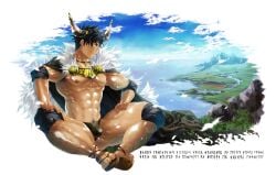 1boy abs bara beefy big_areola black_hair blue_eyes bulge bulge_through_clothing cape earrings elbow_pads feathers feet hand_on_leg hi_res horn icelandic knee_pads leg_hair male male_only morning muscles muscular muscular_arms muscular_legs muscular_male muscular_thighs necklace original original_character pecs runes runic_text sandles seaside shina_(mjaldrarland) short_hair sitting six_pack skimpy skimpy_clothes text thick_thighs toes viking