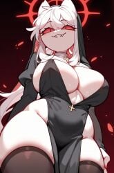 ai_generated cross furry_female huge_breasts lewdaii nun_outfit red_sclera reverse_fluff sir_fluff slit_pupils thighhighs white_hair white_skin