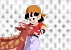 animal black_eyes black_hair breast_feeding canonical_scene deer dragon_ball dragon_ball_gt dragon_ball_super dragon_ball_z edit flat_chest furry gloves human interspecies looking_down pan_(dragon_ball) pants red_shirt short_hair simple_background