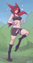 artist_request gym_uniform league_of_legends midriff red_hair running tagme tagme_(artist) xayah yellow_eyes