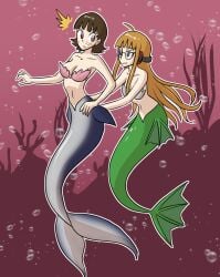 2_mermaids 2girls atlus breasts brown_hair female female_only makoto_niijima mermaid mermaid_only mythkaz orange_hair persona persona_5 sakura_futaba