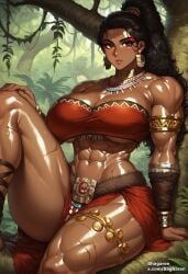 1girls abs ai_generated amazon armlet bagharen bare_shoulders black_hair breasts brown_eyes crop_top earrings jewelry jungle large_breasts loincloth muscular_female original original_character ponytail scars self_upload shiny_skin sitting solo tan_body thick_thighs thigh_strap toned_female