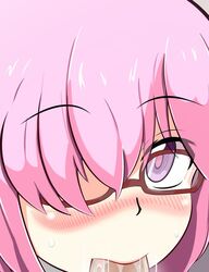 1boy bangs blush close-up fate/grand_order fate_(series) fellatio female glasses hair_over_one_eye hameneko mash_kyrielight oral pink_eyes pink_hair pov