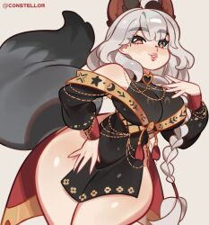 braid brown_eyes constellor fox_tail large_breasts long_hair looking_at_viewer thick_thighs white_hair wide_hips