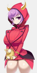 1girls ambiguous_gender ass big_ass big_breasts big_eyes blush breasts clothed courtney_(pokemon) fake_horns female feral grey_background half-closed_eyes holding horned_headwear huge_breasts human human_only large_breasts looking_at_viewer nintendo nude numel pokemon pokemon_oras pokemon_rse purple_eyes purple_hair sawati short_hair thick_thighs thighs wide_hips