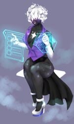 black_body cape female female_focus female_only furry furry_breasts furry_female gal galaxy purple_shirt tech_control technology white_gloves white_hair