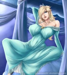 1female 1girls 1woman alternate_version_at_source alternate_version_available arm_behind_head arm_up big_breasts blonde_hair blue_eyes bra_strap clothed crown deviantart_url deviantart_username dress female female_focus gown huge_breasts idk_what_to_tag_it im_too_fucking_lazy_to_tag_it_right_now lipstick looking_at_viewer mario_(series) mario_kart massive_breasts nintendo phantomjac princess princess_rosalina queen seductive_look spread_legs star_earrings super_mario_3d_world super_mario_bros. super_mario_galaxy super_mario_odyssey tagme visible_bra_through_clothes wide_hips wide_thighs