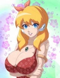 1girls alia big_breasts big_breasts blonde_hair blue_eyes mega_man mega_man_x mega_man_x_dive robot_girl rockmangrave smile