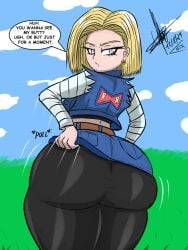 android_18 ass dialogue dragon_ball dragon_ball_z female homelesssix skirt skirt_lift skirt_up