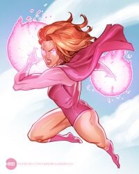 1girls atom_eve cape earrings female female_only flying glowing_eyes hardbrush invincible leotard light-skinned_female light_skin medium_breasts muscular muscular_arms muscular_female orange_hair patreon_username pink_leotard sky solo solo_female superheroine