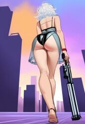 1girls ai_generated curvy curvy_hips depth_of_field forced_perspective gun honey_gal latex_armwear latex_boots latex_thighhighs latex_underwear medium_ass nightgown original_character posing_with_weapon rear_view solo ssktch underwear