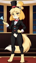 1girls 2024 ai_generated animal_crossing anthro blushing brown_fur canine crotchless_pants digitigrade female female_only hand_on_hip hi_res holding_object indoors innie_pussy isabelle_(animal_crossing) looking_at_viewer magician night nintendo pussy smile yellow_fur