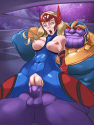 anal anal_sex blonde_hair blue_eyes breasts large_breasts marvel marvel_future_fight open_mouth pussy questionable_consent sharon_rogers spread_legs thanos tinkerbomb topless