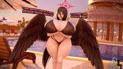 1girls 2024 3d artist_logo bikini black_hair blue_archive breast_expansion color commission hasumi_(blue_archive) huge_breasts long_hair okaeridome2_0 pool red_eyes tagme talking_to_viewer thick_thighs thigh_expansion wings