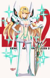 1girls absurdres armor artist_name bangs blonde_hair blush breasts cleavage cleavage_cutout clothing cosplay crossover earrings elbow_gloves female female_only gloves hair hair_ornament headpiece highres holding holding_sword holding_weapon jewelry junketsu kill_la_kill kiryuuin_satsuki_(cosplay) large_breasts long_hair long_sleeves looking_at_viewer mythra_(xenoblade) navel nintendo revealing_clothes sarukaiwolf shoulder_armor simple_background skirt solo spikes suspenders swept_bangs sword thighhighs tiara very_long_hair video_games watermark weapon white_background white_gloves white_legwear xenoblade_(series) xenoblade_chronicles_2 yellow_eyes