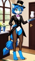 1girls 2024 ai_generated anthro blue_eyes blue_fur blue_hair blushing canine crotchless_clothes digitigrade female female_only fox hand_on_hip hi_res holding_object indoors inner_ear_fluff innie_pussy krystal looking_at_viewer magician nintendo pussy smile star_fox white_fur