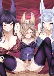 big_breasts black_hair blue_eyes both_sexes_in_same_situation cat_ears crossdressing female female_supporting_yaoi gay granblue_fantasy kou_(granblue_fantasy) long_hair otoko_no_ko red_eyes short_hair socie_(granblue_fantasy) white_hair yaoi yuel_(granblue_fantasy)