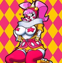 big_breasts clown_girl clown_makeup clown_nose digital_media_(artwork) doodles4pervs female female_only flashing_breasts nipple_tape original original_character pale_skin pink_hair thighs