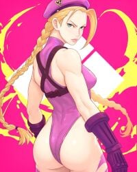 1girls abstract_background ahoge alternate_color ass back_view beret blonde_hair blonde_hair_female blue_eyes braided_twintails braids british british_female cammy_white capcom chest_harness female fit fit_female gauntlets light-skinned_female light_skin looking_at_viewer looking_back looking_back_at_viewer military no_sex non-nude pink_beret pink_camo pink_gauntlets pink_thong_leotard sleeveless sleeveless_leotard solo solo_female standing street_fighter street_fighter_6 thong_leotard truejekart