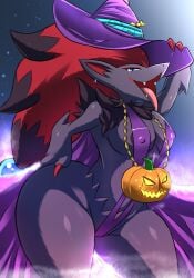 anthro blue_eyes breasts camel_toe cape clothed clothing costume ear_piercing ear_ring female fog for_a_head fur generation_5_pokemon grey_body grey_fur hair halloween hand_on_hip hat headgear headwear hi_res holidays multicolored_hair night nintendo object_head piercing pokemon pokemon_(species) pumpkin_head ring_piercing skimpy teeth thick_thighs tongue tongue_out zerrymon zoroark