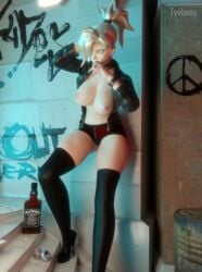 1girls 3d blizzard_entertainment blonde_hair blue_eyes breasts female female_only goth large_breasts mercy nipples overwatch prostitution solo standing tagme tyviania