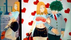 1boy1girl 3d arm_holding bag blonde_hair blush bracelet bracelets camie_utsushimi choker choker_charm collar green_eyes green_hair izuku_midoriya my_hero_academia qxdt school_uniform u.a._school_uniform waiting