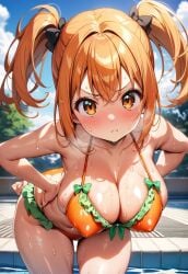 ai_generated bare_legs big_breasts bikini bikini_top blush hair_ribbon hataraku_maou-sama! huge_breasts huge_thighs light-skinned_female light_skin looking_at_viewer massive_breasts orange_eyes orange_hair pool poolside sasaki_chiho shortstack solo_female squatting sweat sweatdrop thick_thighs thighs twintails voluptuous voluptuous_female