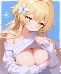 ai_generated big_areola covering_breasts embarrassed flower genshin_impact lumine_(genshin_impact) pointy_chin smile sweater unajyu yellow_eyes yellow_hair