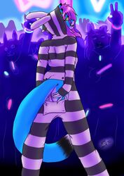 anthro ass blue_fur bluesuedepuma clothed clothing cougar dipstick_tail ear_piercing felid feline female fur hair hi_res jaffe looking_at_viewer looking_back mammal multicolored_tail nightclub pajamas piercing presenting presenting_hindquarters public purple_hair solo_focus