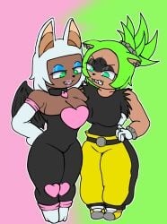 2girls bat bat_wings big_breasts blue_eyes dark-skinned_female dark_skin furry furry_female furry_only green_eyes green_hair nenei rouge_the_bat rouge_the_bat(nenei) sonic_(series) surge_the_tenrec surge_the_tenrec(nenei) white_hair