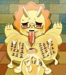 amagi_brilliant_park animal_genitalia anthro blush ceratopsian dinosaur erection eyewear glasses japanese japanese_text male male_only open_mouth penis reptile scalie solo tally_marks text triceratops triken wycicus