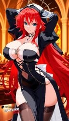 ai_generated arms arms_behind_back arms_behind_head blue_eyes boosterred99 close-up garter_straps high_school_dxd large_breasts legs long_hair long_sleeves navel nun nun_habit nun_hat nun_outfit perfect_body pony_diffusion_xl red_hair rias_gremory seductive_smile stockings thick_thighs thighhighs voluptuous