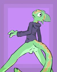 anthro anus ass balls clothing fur green_fur hi_res invalid_tag male male_only mindkog open_mouth showing simple_background solo topwear unknown_species