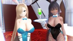 2023 2girls 3d_(artwork) armwear asuna_(blue_archive) asuna_(bunny)_(blue_archive) big_breasts black_hair_female blonde_hair blonde_hair_female blue_archive blue_bowtie blue_eyes bunny_ears bunnysuit chocolate_and_vanilla cleavage dark-skinned_female drink duo duo_female female_only fishnet_legwear fishnets glass gloves hair_over_one_eye hati_yukkuri_mmd huge_breasts karin_(blue_archive) karin_(bunny)_(blue_archive) light-skinned_female light_skin long_hair long_hair_female looking_at_viewer mmd plate serving_tray smiling_at_viewer standing white_armwear white_gloves wine_glass yellow_eyes