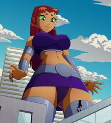 2girls ass_visible_through_thighs blackfire breasts city dc dc_comics female female_only from_below giantess komand'r koriand'r looking_down midriff multiple_girls panties ravenravenraven size_difference starfire teen_titans upskirt