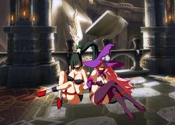 2girls arms_behind_back big_breasts black_hair blazblue bra gagged konoe_a_mercury litchi_faye_ling long_hair milf nine_the_phantom pink_hair pixel_art ponytail rope stockings supersaiyan24 tied_up underwear witch witch_hat