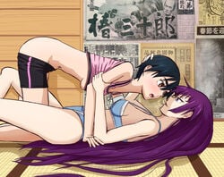 2019 2girls bakemonogatari bra kanbaru_suruga monogatari_(series) panties perverted-dan-hibiki senjougahara_hitagi shorts_down underboob yuri