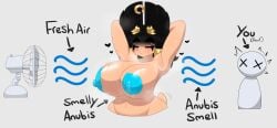 1boy 1girls air amelia_raevert anon anonymous_male anubian_jackal arms_up big_breasts black_hair blue_areola breasts dog_ears fan gold_(metal) meme mistpirit naked naked_female original original_character particles smell smell_particles_meme smelly sweat sweat_particles sweaty text topless