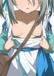 bag blue_ribbon blush breast_focus breasts breasts_out collarbone eyes_out_of_frame facing_viewer female female_focus grey_hair hair_ribbon highres morisobo nipples oda_nobuna_no_yabou ribbon shoulder_bag simple_background small_breasts solo takenaka_hanbee_(oda_nobuna_no_yabou) twintails white_background young