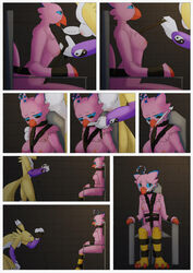 anthro biyomon bodily_fluids bondage bondage_chair bound cloth_gag comic crying deathly_forest dialogue digimon digimon_(species) duo female female/female gag hi_res renamon speech_bubble tears yuri