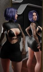 1girls 3d 3d_(artwork) ass bare_legs black_clothing black_dress breasts chargeddrums dc dc_comics demon_girl dress eyelashes eyeliner female female_only goth goth_girl gothic jewel_on_forehead legs lipstick looking_at_self makeup mirror mirror_reflection purple_eyes purple_hair rachel_roth raven_(dc) reflection short_hair skirt solo tagme teen_titans thighs tight_clothing tight_dress