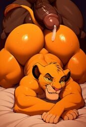 2boys ai_generated anthro anthro_on_human ass ass_focus ass_up bent_over big_ass big_balls big_butt big_penis bubble_butt fiveai_(artist) furry gay looking_at_viewer male/male precum simba simba_(the_lion_king) smug_face the_lion_king thick_ass thick_thighs