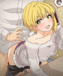 1boy :3 ambiguous_penetration ass blonde_hair clothed_sex clothing doggy_style female from_behind green_eyes idolmaster male miyamoto_frederica open_mouth panties panties_aside penetration purple_panties pussy senkawa_chihiro sex short_hair skirt_down spread_legs tomu_(tomubobu) underwear