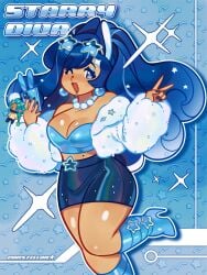 blue_eyes blue_hair cleavage constellor dione_(constellor) fur_coat large_breasts phone short_skirt tan_body thick_thighs wide_hips