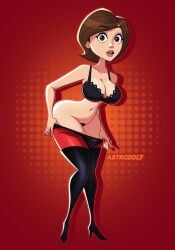 1girls astrozolt_(artist) bra breasts brown_eyes brown_hair clothing disney elastigirl female female_only helen_parr high_heel_boots high_heels hourglass_figure human light-skinned_female light_skin looking_at_viewer milf mostly_nude open_mouth pixar pubic_hair pulling_down_pants solo solo_female solo_focus the_incredibles voluptuous voluptuous_female