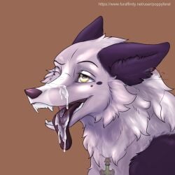 ambiguous_gender bodily_fluids canid cum cum_in_mouth cum_inside cum_on_face cum_on_tongue feral fur genital_fluids hi_res mammal poppyferal purple_body purple_fur purple_tongue solo teeth tongue tongue_out white_body white_fur yellow_eyes