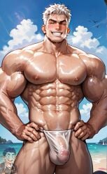 ai_generated bara beach bulge cock dick gay inviting male male_focus male_only manly masculine penis rowanai see-through see-through_clothing smile standing tan_body thick_thighs thighs_focus wet wet_clothes white_hair yaoi