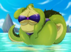 1girls alligator alligator_girl alligator_tail anthro bedroom belly big_belly bikini chubby chubby_female green_body green_skin hi_res hips lake large_ass large_breasts looking_at_viewer mountain purple_eyes robthehoopedchipmunk scalie smiling smiling_at_viewer solo solo_female tail tatiana_(robthehoopedchipmunk) thick_legs thick_thighs thighs two_piece_swimsuit water wide_hips