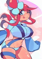 1girls bimbo blue_clothing blue_eyes booty_shorts cute female_only hair_bun large_breasts latina long_gloves midriff pokemon pokemon_bw red_hair simple_background skyla_(pokemon) solo solo_female sticking_out_tongue tanned_skin thin_waist wide_hips